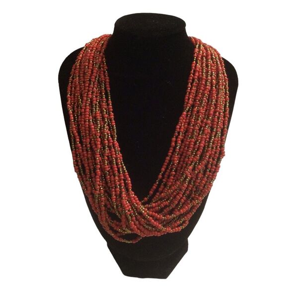 Lucky Brand Multi-strand Dark Orange And Gold Seed Bead Necklace - Picture 1 of 9